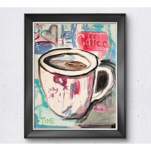 WS original coffee time neo expressionism painting 14X11 canvas colorful acrylic